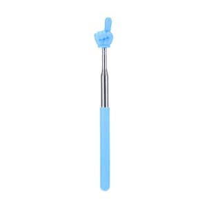May include: A light blue telescopic pointer featuring a hand-shaped tip with an extended index finger. The shaft is made of a metallic silver material, while the handle and the top pointer are finished in a smooth, solid light blue color.