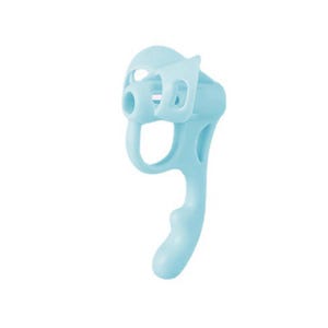 May include: A light blue ergonomic writing aid tool featuring a contoured grip handle and a circular opening at the top. The device has a smooth, matte finish with cut-out sections along the frame, designed to assist with finger placement.
