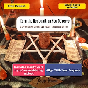 May include: A ritual setup featuring a central carved brown owl figurine inside a white twig pentagram, surrounded by US 100 dollar bills, lit candles, and incense. Text overlays include Free Recast, Ritual photo Included, and Earn the Recognition.