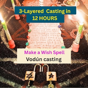 May include: A ritual setup featuring a dark circular cloth with a pentagram, surrounded by four striped candles. A parchment with text sits in the center, accompanied by two brass padlocks marked with a symbol and a star. Text reads 3-Layered Casting in 12 HOURS and Make a Wish Spell Vodún casting.