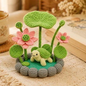 May include: A crocheted turtle figurine sits in a small pond surrounded by gray crocheted stones. The scene includes two pink lotus flowers, several green lily pads, and tall green stems, all crafted from yarn with detailed stitching.
