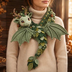 May include: A light green crocheted dragon scarf featuring a detailed head with small antlers, large wings, and a body covered in layered leaf-shaped textures. The scarf is worn over a beige ribbed turtleneck sweater, showcasing intricate stitching.
