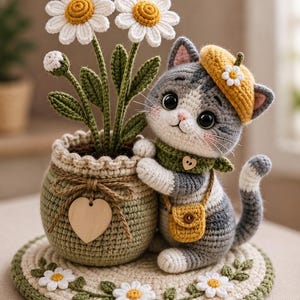 Può includere: Un gatto all'uncinetto grigio e bianco con basco giallo e sciarpa verde, in piedi accanto a un vaso all'uncinetto verde salvia contenente due margherite bianche con centro giallo. Un piccolo cuore di legno pende dal vaso e il gatto ha una borsa gialla.