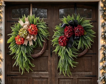 Hortensien-Kranz für Haustür, rustikaler Frühlings-Sommer-Blumenkranz, künstliche Hortensienfarn-Türhänger, Bauernhaus-Wanddekoration