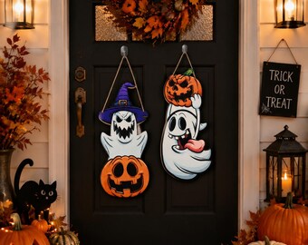 Personalisierte Halloween-Geister-Hängedekoration, verspieltes Hexen- und Kürbis-Holzschild | Gruselige Wanddeko fürs Kinderzimmer | Individuelles Halloween-Geschenk fürs Kinderzimmer