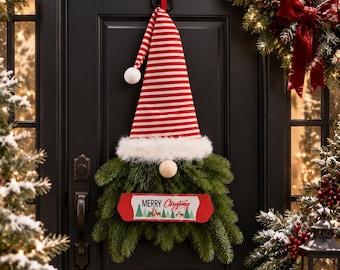 Personalisierter Weihnachtswichtel-Türhänger, handgefertigte skandinavische Wichtel-Kranzalternative, individuelle immergrüne Weihnachtsdekoration, einzigartiges Wintergeschenk