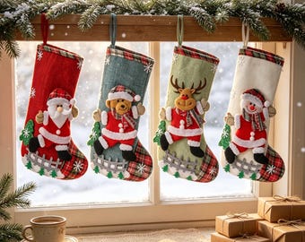 Large Burlap Christmas Stocking, Rustic Farmhouse Xmas Gift Bag, Vintage Plaid Holiday Stocking, Santa Bear Reindeer Snowman