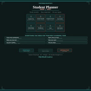 May include: A digital student planner for the 2026-2027 academic year. The planner includes sections for tracking assignments, weekly timetables, and goals. The design is dark teal with white and orange text. Available as a printable or interactive download.