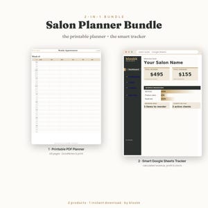 Könnte beinhalten: Ein 2-in-1 Salon Planner Bundle bestehend aus einem druckbaren PDF-Wochenplaner für Termine mit Stundenrastern und einem intelligenten Google Sheets-Tracker zur Verwaltung von Salonumsätzen, Ausgaben und Kundendaten.