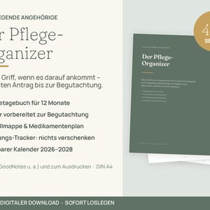 Care Organizer PDF (German) | 1-Year Care Log, Emergency Folder, Calendar 2026 2027 2028 | Care Level Assessment | Download