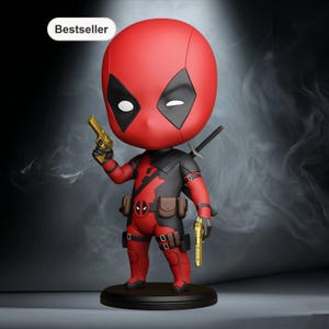 May include: A red and black Deadpool figurine with a large head, holding two gold toy guns. The figure has a black sword on its back and is standing on a black base. The word "Bestseller" is in a white oval in the top left corner.