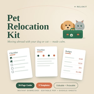 May include: A digital Pet Relocation Kit featuring a dog and cat illustration, a green carrier, and three documents labeled Checklist, Timeline, and Budget. Text includes Relokit, Moving abroad with your dog or cat, 50-Page Guide, 9 Templates, and Editable + Printable.