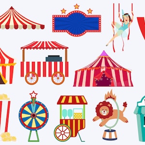 Peut inclure: Une collection d'illustrations sur le thème du cirque comprenant des tentes à rayures rouges et blanches, une bannière bleue, une acrobate, un seau de pop-corn, une roue colorée, un chariot, un lion sautant dans un cerceau et un guichet bleu.