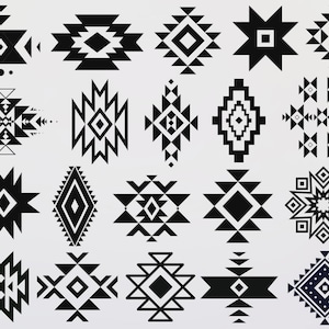 May include: A collection of twenty distinct black geometric symbols arranged in a grid. Each icon features sharp, angular shapes, including diamonds, triangles, and star-like patterns, creating a series of symmetrical, high-contrast graphic designs.