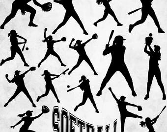 Softball Player Silhouette svg Bundle, 30 Female Athletes png dxf digital download