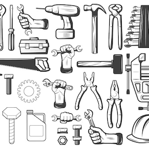 May include: A black and white illustration featuring a collection of construction tools including a drill, hammer, saw, pliers, wrenches, a vice, a hard hat, a toolbox, a gear, bolts, screws, and hands holding various tools and a clenched fist.