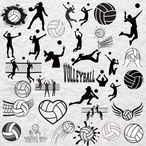 Op de afbeelding: Een verzameling zwart-wit volleybalafbeeldingen met silhouetten van spelers in verschillende houdingen, volleyballen, netten en het woord VOLLEYBALL. De ontwerpen bevatten spelers die springen, serveren en duiken, naast ballen met bewegingslijnen.