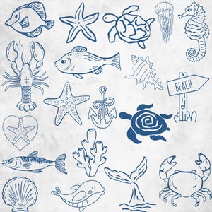 May include: A collection of blue line art illustrations featuring various marine life including a fish, starfish, sea turtle, jellyfish, seahorse, lobster, seashell, anchor, coral, whale, and crab, alongside a signpost with the text BEACH.