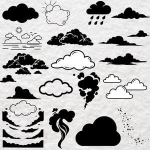May include: A collection of black and white graphic illustrations featuring various cloud shapes, including solid silhouettes, outlined clouds, rain clouds, a sun, and a trail of small stars, presented as a set of distinct weather-themed icons.