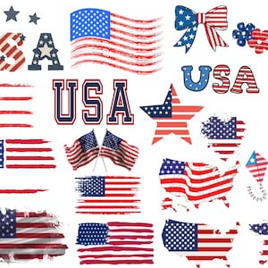 Puede incluir: Una colección de elementos gráficos patrióticos con la bandera estadounidense, incluyendo el texto USA y AMERICA, estrellas, corazones, un mapa de los Estados Unidos, un lazo y una cometa, todo en rojo, blanco y azul con diversas texturas.