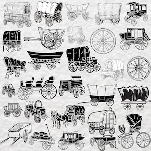 May include: A collection of black and white illustrations featuring various horse-drawn wagons, stagecoaches, and carriage wheels. The set includes detailed line drawings of covered wagons, open carts, and vintage transport vehicles on a textured background.