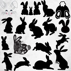 May include: A collection of black rabbit silhouettes in various poses, including sitting, jumping, and standing. One rabbit features a white floral pattern on its body, and a line-art drawing of a rabbit face with whiskers and ears is included.