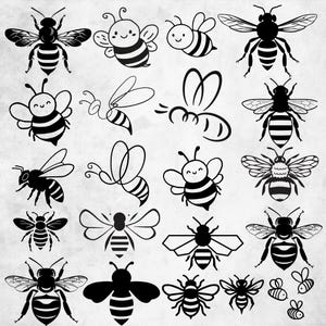 Puede incluir: Una colección de veintidós ilustraciones de abejas en blanco y negro dispuestas en una cuadrícula. El conjunto presenta varios estilos, incluyendo siluetas detalladas, arte lineal minimalista y abejas tipo caricatura con cuerpos rayados.