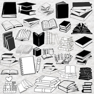 Puede incluir: Una colección de ilustraciones de arte lineal en blanco y negro que presenta varias pilas de libros, libros abiertos, un birrete de graduación, un cuaderno de espiral y un lápiz con cara, dispuestos en cuadrícula sobre fondo gris claro.