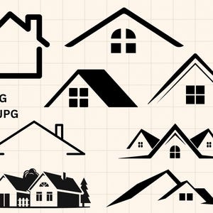 Könnte beinhalten: Eine Sammlung schwarzer Haus- und Dachsymbole auf einem hellen Rasterhintergrund. Das Set enthält verschiedene architektonische Silhouetten, darunter einfache Umrisse, Giebeldächer mit Fenstern und ein detailliertes Haus mit Bäumen. Text: PNG, SVG, JPG.