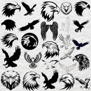 Peut inclure: Une collection d'illustrations graphiques en noir et blanc présentant divers motifs d'aigles, incluant des portraits de têtes détaillés, des silhouettes d'aigles en vol, des ailes déployées et des aigles perchés, présentés en ensemble.