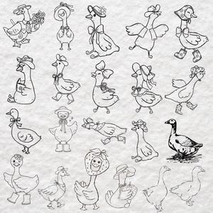 May include: A collection of black and white line art illustrations featuring various geese. Many of the geese are depicted wearing hats, bows, scarves, and boots, while some are holding flowers or strawberries. One goose is rendered in a realistic style.
