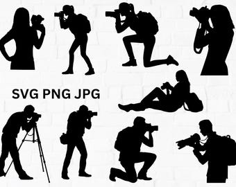 May include: A collection of black silhouettes depicting individuals in various poses using cameras, including standing, kneeling, sitting, and using a tripod. The text SVG PNG JPG is displayed in the centre of the graphic design elements.