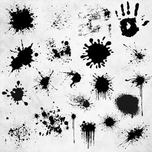 May include: A collection of twenty distinct black ink splatters, drips, and spray patterns arranged on a light gray background. The set includes various shapes such as a handprint, circular blobs, fine mist sprays, and vertical streaks of dripping ink.