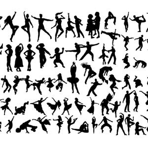 Puede incluir: Una colección de siluetas negras que representan varias figuras en poses dinámicas, incluyendo baile, saltos, brincos y movimientos acrobáticos. Las figuras están dispuestas en un patrón de cuadrícula sobre un fondo blanco liso.