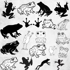 May include: A collection of black and white frog illustrations featuring various poses, including silhouettes, line art, and cartoon-style frogs. The set includes frogs in sitting, jumping, and standing positions, some with glasses and floral patterns.