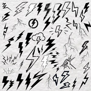 May include: A collection of black ink illustrations featuring various lightning bolt shapes, jagged electrical strikes, a cloud with a bolt, a circular lightning symbol, and a hand grasping a bolt, all arranged on a textured white background.