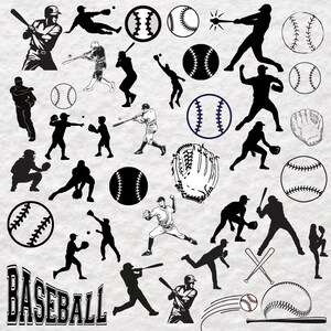 Puede incluir: Una colección de gráficos en blanco y negro con temática de béisbol que incluye siluetas de jugadores bateando, lanzando y fildeando, junto con ilustraciones de pelotas, guantes, bates y la palabra BASEBALL en una fuente serif negrita.