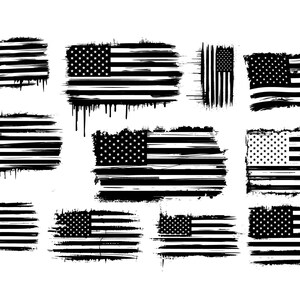 Puede incluir: Una colección de once ilustraciones gráficas en blanco y negro de la bandera estadounidense. Cada diseño presenta un efecto único de desgaste, pincelada o pintura que gotea, mostrando las estrellas y rayas en un estilo monocromático de alto contraste.