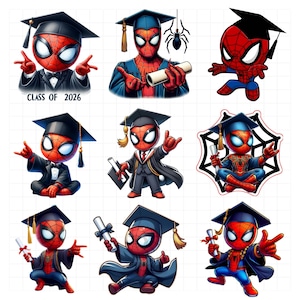 May include: A collection of nine illustrations featuring a red and blue spider-themed character wearing black graduation caps and gowns, some holding diplomas, with one image including the text CLASS OF 2026 and another featuring a spider graphic.