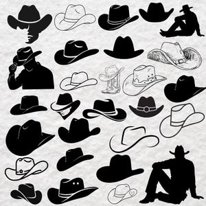 May include: A collection of black and white illustrations featuring various cowboy hats, silhouettes of individuals wearing hats, and a pair of western boots. The designs include solid black shapes and detailed line drawings of headwear.