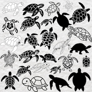 Puede incluir: Una colección de ilustraciones de tortugas marinas en blanco y negro con varios diseños, incluyendo siluetas sólidas, arte lineal detallado y caparazones estampados. El surtido muestra tortugas en múltiples posturas de nado y caminata.