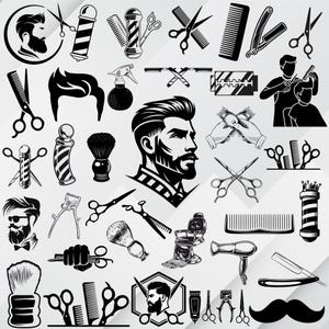 May include: A collection of black and white vector icons related to barbering, featuring illustrations of scissors, combs, straight razors, shaving brushes, barber poles, hair clippers, a hair dryer, a barber chair, and stylized portraits of men.