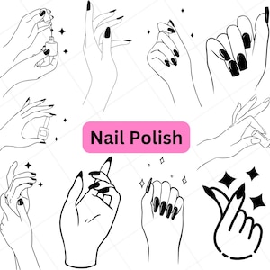 Op de afbeelding: Een verzameling zwart-wit lijntekeningen met diverse handposities en gemanicuurde nagels, inclusief handen die nagellakflesjes vasthouden en kleine steraccenten, met de tekst Nail Polish in een roze rechthoek.