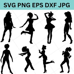 May include: A digital collection of eight black silhouettes depicting various figures in dynamic poses. The text SVG PNG EPS DXF JPG is displayed at the top of the image. Each figure is rendered in solid black against a plain white background.
