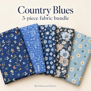 May include: A 5-piece fabric bundle titled Country Blues by Bolthousefabric. The set includes five folded fabric swatches featuring various blue-toned patterns, including small floral prints, a geometric line art design, and larger botanical motifs.