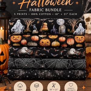 May include: A Halloween fabric bundle consisting of five 18 inch by 21 inch 100% cotton prints. The stack features patterns of ghosts, pumpkins, bats, spiderwebs, and stars on black backgrounds, with text reading Halloween Fabric Bundle.