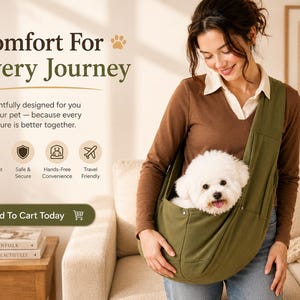 Pode incluir: Uma bolsa de transporte para animais de estimação verde-oliva contém um cão branco pequeno. A bolsa é usada a tiracolo. O texto na imagem diz "Comfort For Every Journey" e "Add To Cart Today".