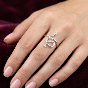 May include: A silver-toned ring shaped like a coiled snake that wraps around the finger. The metal has a smooth, polished finish, and the design features a slender body that curves into a loop, with the head of the snake resting at the top.