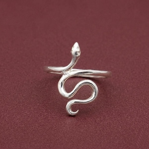 Può includere: Un anello color argento con un design a forma di serpente che si avvolge attorno al dito. La testa del serpente è posizionata in alto, mentre il corpo si curva verso il basso per formare la fascia. Il metallo ha una finitura lucida e riflettente.