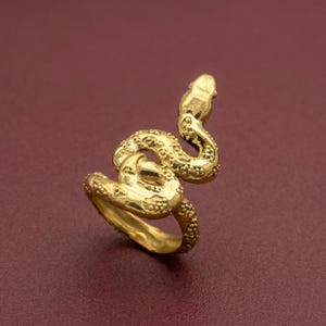 Può includere: Un anello color oro a forma di serpente avvolto. La superficie metallica presenta un motivo testurizzato a puntini lungo il corpo del serpente, che si ripiega per formare la fascia. La testa del serpente è sollevata e liscia con tratti definiti.